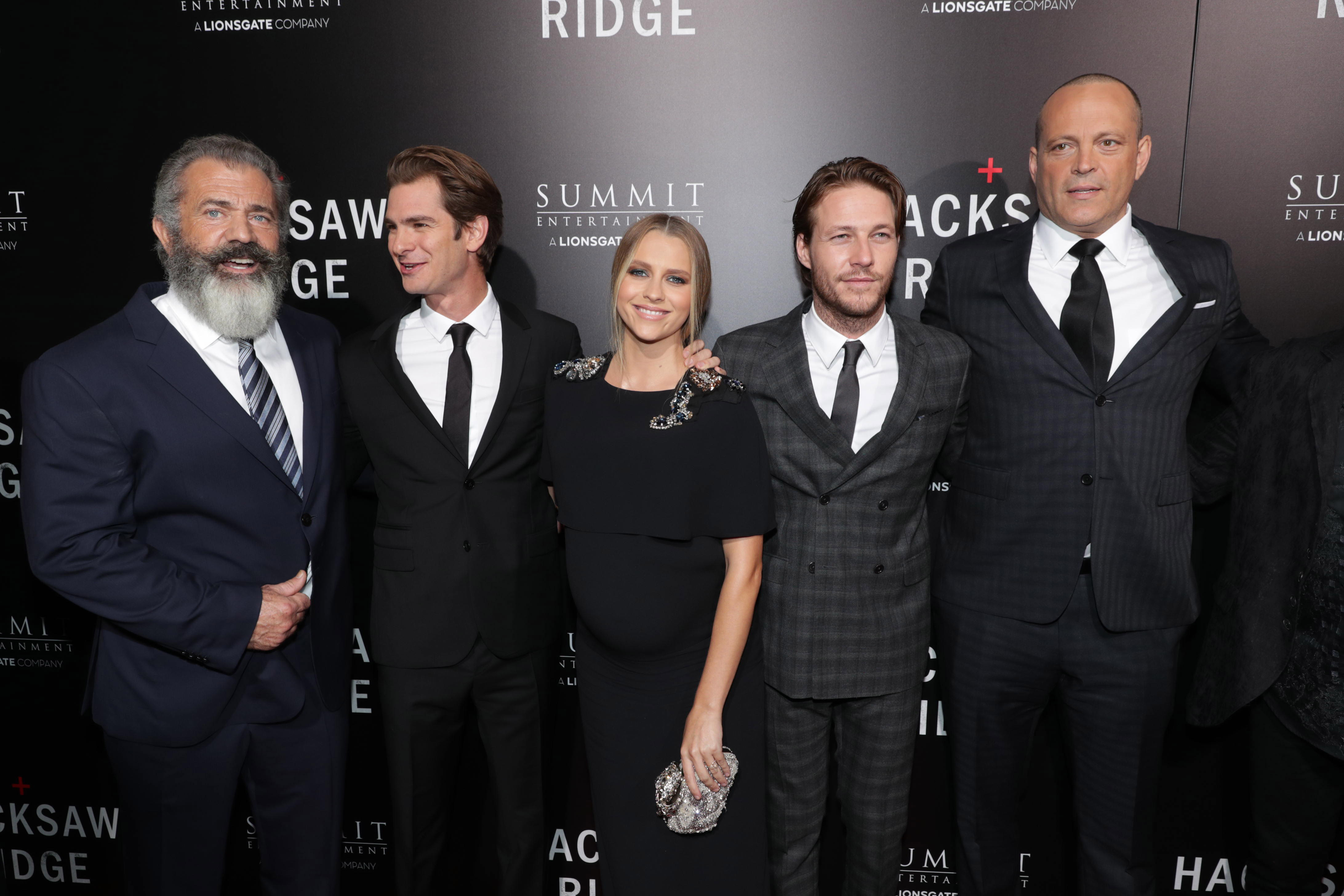 Director Mel Gibson, Andrew Garfield, Teresa Palmer, Luke Bracey and Vince Vaughn seen at Summit Entertainment, a Lionsgate Company, Los Angeles Special Screening of "Hacksaw Ridge" at The Academy’s Samuel Goldwyn Theater on Monday, Oct. 24, 2016, in Beverly Hills, Calif. (Photo by Eric Charbonneau/Invision for Lionsgate/AP Images)